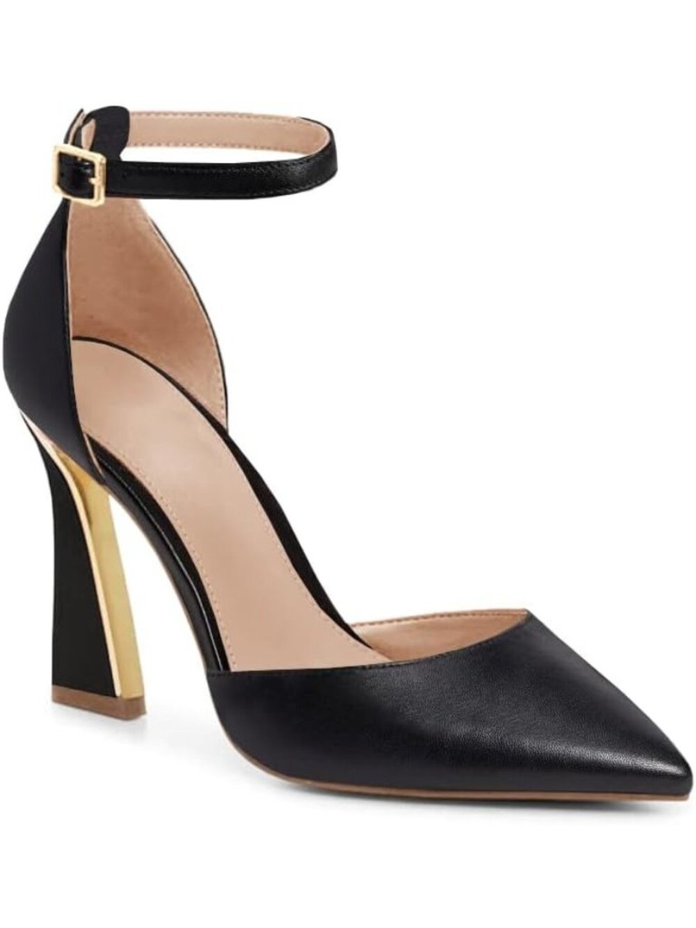 Women's Black-pu Pumps Point Closed Toe Heels Buckle Ankle Strap D'Orsay Heels